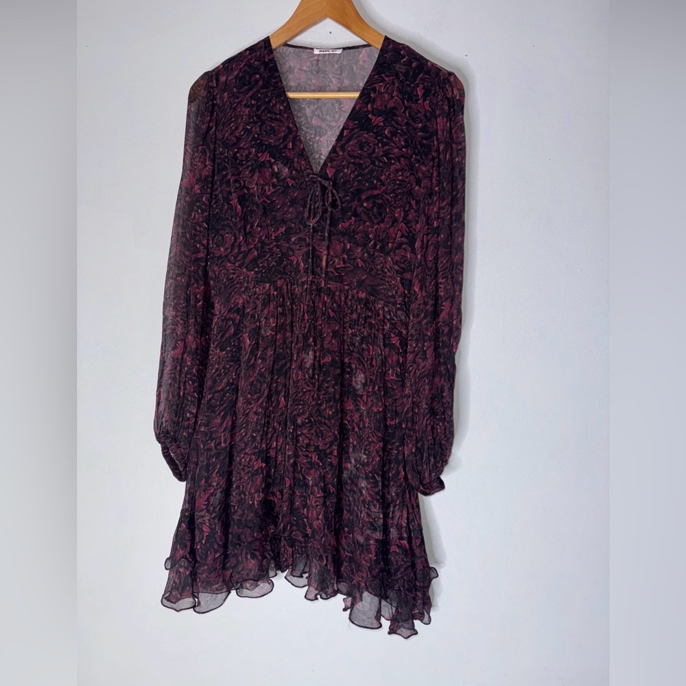 Replay Medium Black Purple Floral Lace Up‎ Ruffle Dress
